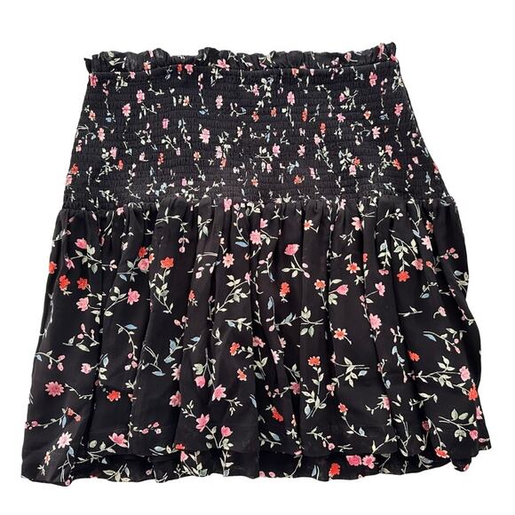 GANNI Elm Shirred Floral Black Georgette Mini Skirt Size 40 US 10 Smocked Waist - Picture 2 of 8